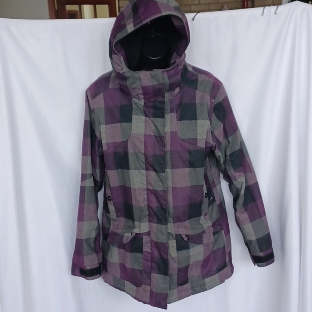 PWDR Room Purple/Gray Buffalo Plaid Snowboard Jacket w Hood, Sz S, 20" PTP, 30"L